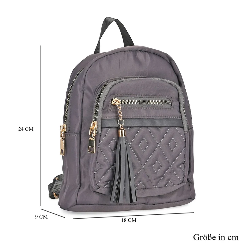 Moderner Rucksack in Steppoptik - Leicht, mit 3 Reißverschlusstaschen und gepolsterten Schulterriemen, 18 x 9 x 24 cm, Khaki