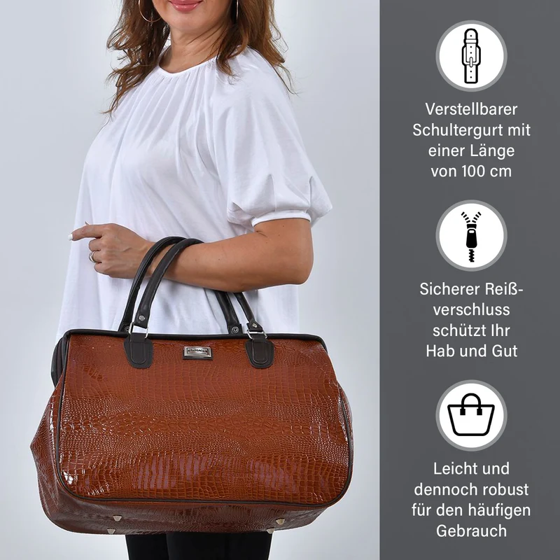 PASSAGE Reisetasche aus Semi-PU-Leder - Krokodilleder-Optik, Doppelreißverschluss, 45,72 x 22,23 x 33,02 cm, Senfgelb