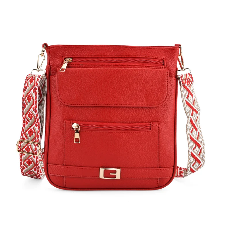 Crossbody-Tasche mit gewebtem Schulterriemen und Reißverschlussfächern, 24x28 cm, Tomatenrot