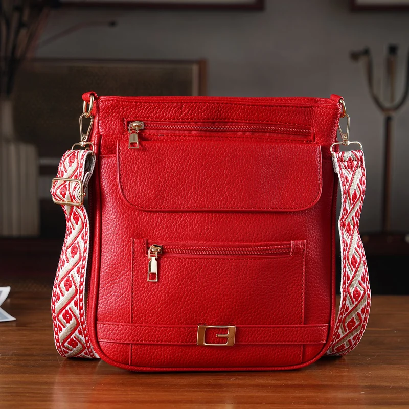 Crossbody-Tasche mit gewebtem Schulterriemen und Reißverschlussfächern, 24x28 cm, Tomatenrot