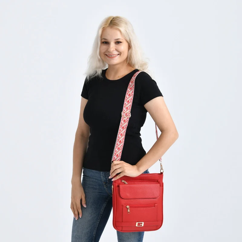 Crossbody-Tasche mit gewebtem Schulterriemen und Reißverschlussfächern, 24x28 cm, Tomatenrot
