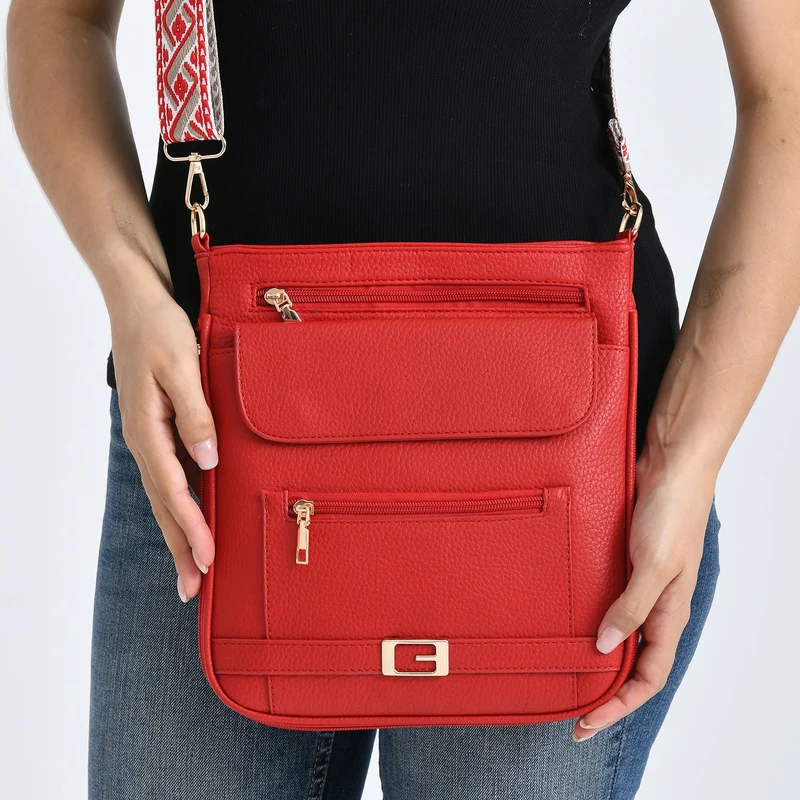 Crossbody-Tasche mit gewebtem Schulterriemen und Reißverschlussfächern, 24x28 cm, Tomatenrot