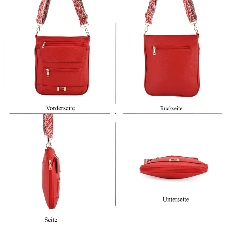 Crossbody-Tasche mit gewebtem Schulterriemen und Reißverschlussfächern, 24x28 cm, Tomatenrot