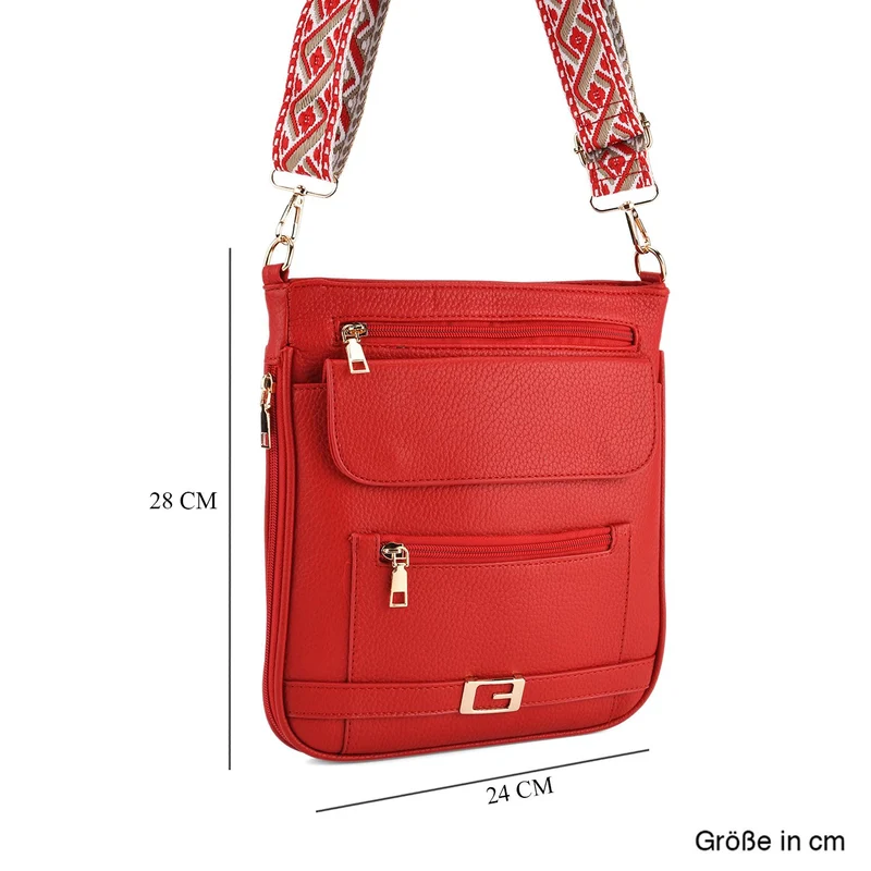 Crossbody-Tasche mit gewebtem Schulterriemen und Reißverschlussfächern, 24x28 cm, Tomatenrot