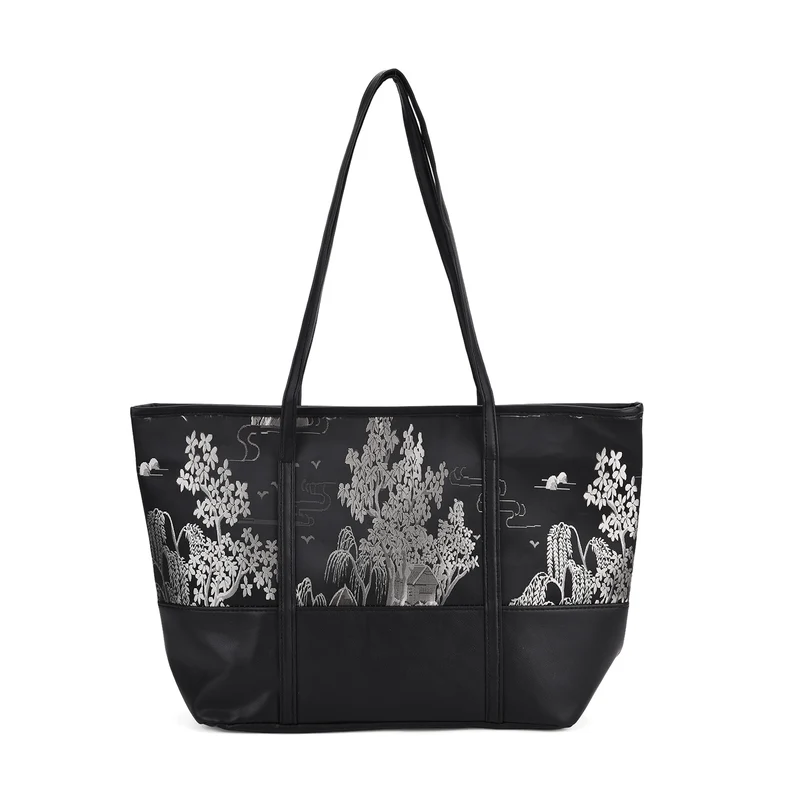 Schultertasche modischem Print, große Kapazität, mit Reißverschluss und Innentasche, 48x29x14 cm, Polyester mit PU-Leder, Blau mit Blumenmuster