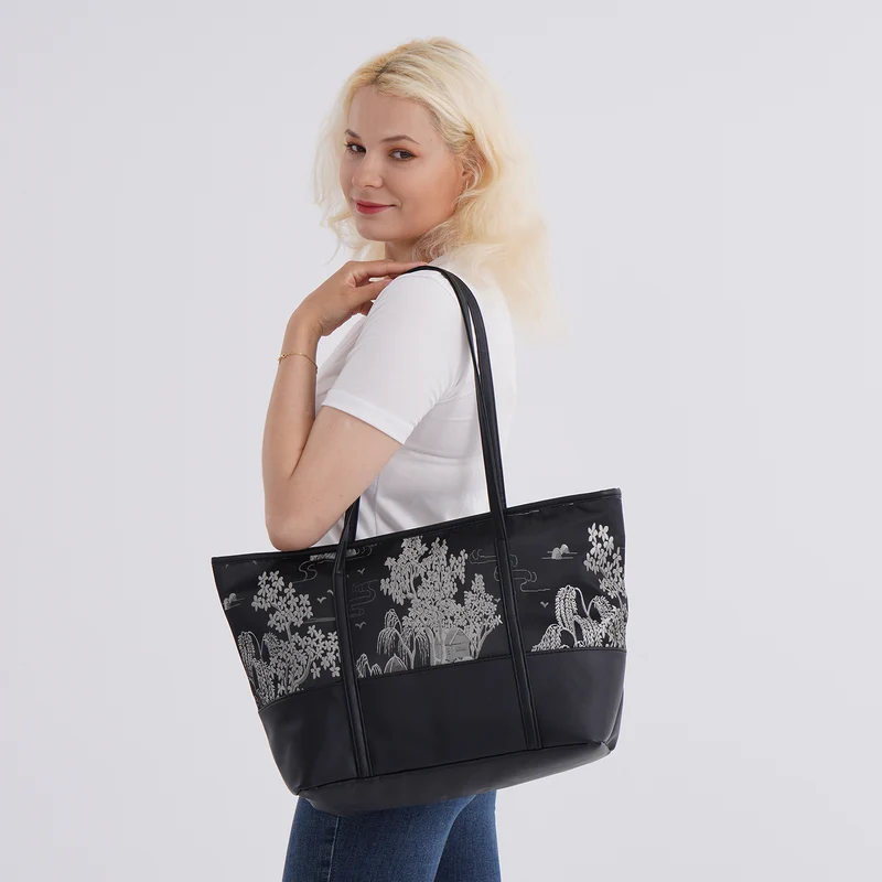 Schultertasche modischem Print, große Kapazität, mit Reißverschluss und Innentasche, 48x29x14 cm, Polyester mit PU-Leder, Blau mit Blumenmuster