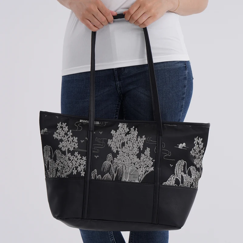 Schultertasche modischem Print, große Kapazität, mit Reißverschluss und Innentasche, 48x29x14 cm, Polyester mit PU-Leder, Blau mit Blumenmuster