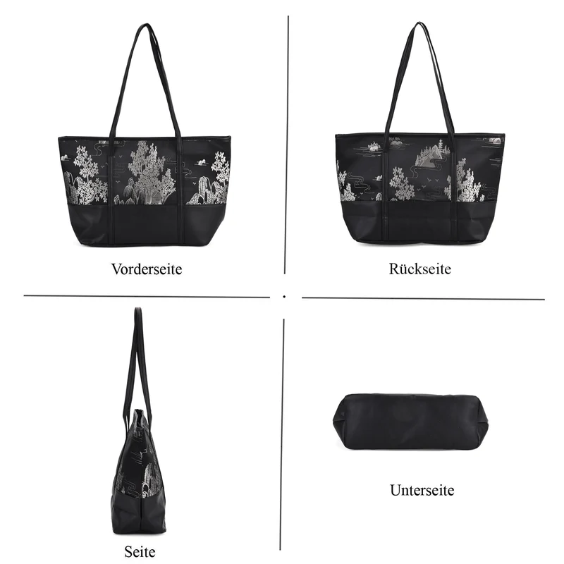 Schultertasche modischem Print, große Kapazität, mit Reißverschluss und Innentasche, 48x29x14 cm, Polyester mit PU-Leder, Blau mit Blumenmuster