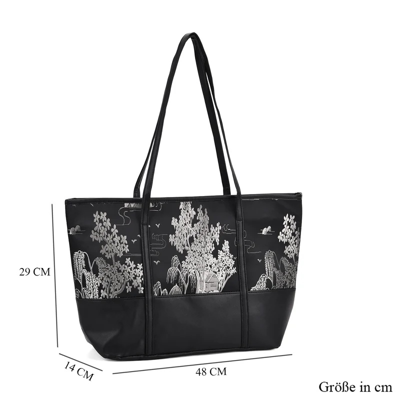 Schultertasche modischem Print, große Kapazität, mit Reißverschluss und Innentasche, 48x29x14 cm, Polyester mit PU-Leder, Blau mit Blumenmuster