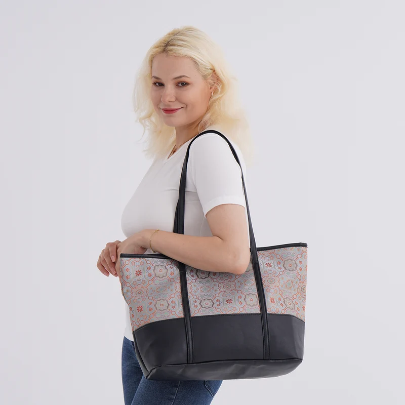 Schultertasche modischem Print, große Kapazität, mit Reißverschluss und Innentasche, 48x29x14 cm, Polyester mit PU-Leder, Blau mit Blumenmuster