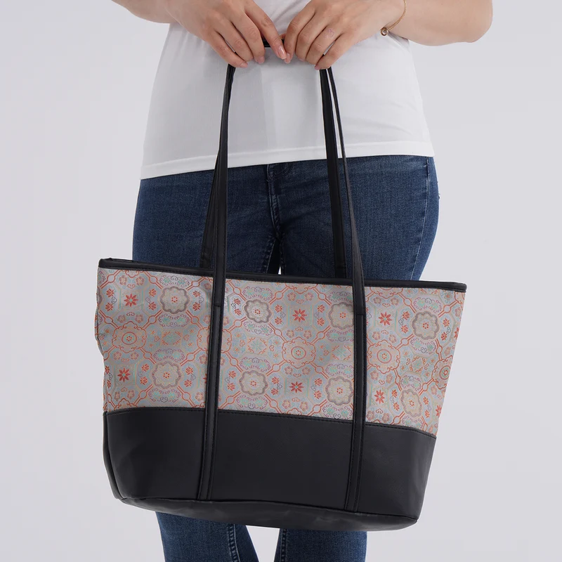 Schultertasche modischem Print, große Kapazität, mit Reißverschluss und Innentasche, 48x29x14 cm, Polyester mit PU-Leder, Blau mit Blumenmuster