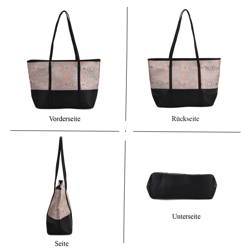 Schultertasche modischem Print, große Kapazität, mit Reißverschluss und Innentasche, 48x29x14 cm, Polyester mit PU-Leder, Blau mit Blumenmuster