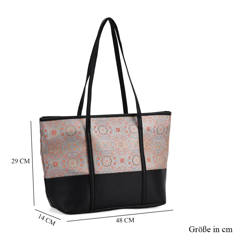 Schultertasche modischem Print, große Kapazität, mit Reißverschluss und Innentasche, 48x29x14 cm, Polyester mit PU-Leder, Blau mit Blumenmuster