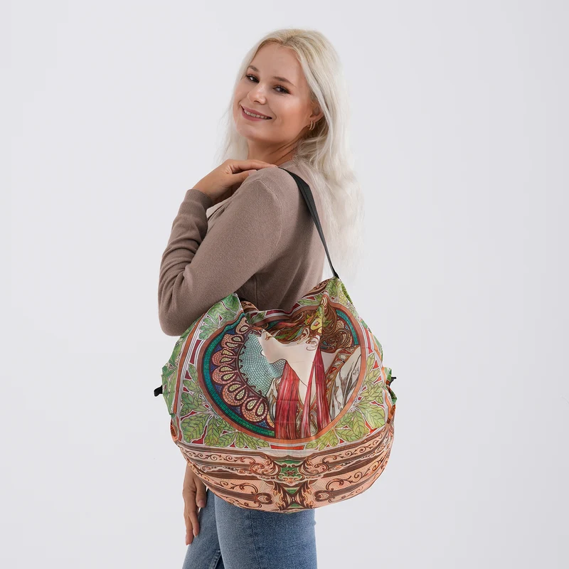 Faltbare Einkaufstasche mit Reißverschlussfach 50 x 70 cm Beige Mädchenmotiv