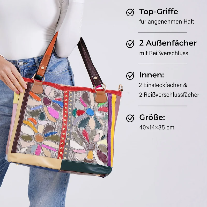 Chaos by Elsie - Umhängetasche aus Echtleder mit farbigem Blumenmuster und Mini-Taschenlampe, 40x14x35 cm, Weiß