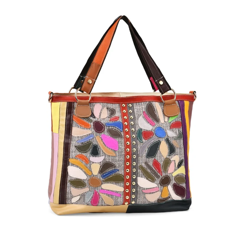 Chaos by Elsie - Umhängetasche aus Echtleder mit farbigem Blumenmuster und Mini-Taschenlampe, 40x14x35 cm, Weiß