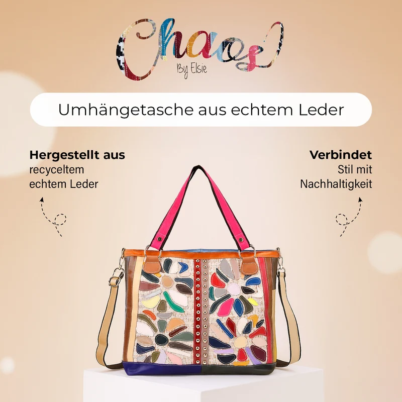 Chaos by Elsie - Umhängetasche aus Echtleder mit farbigem Blumenmuster und Mini-Taschenlampe, 40x14x35 cm, Weiß