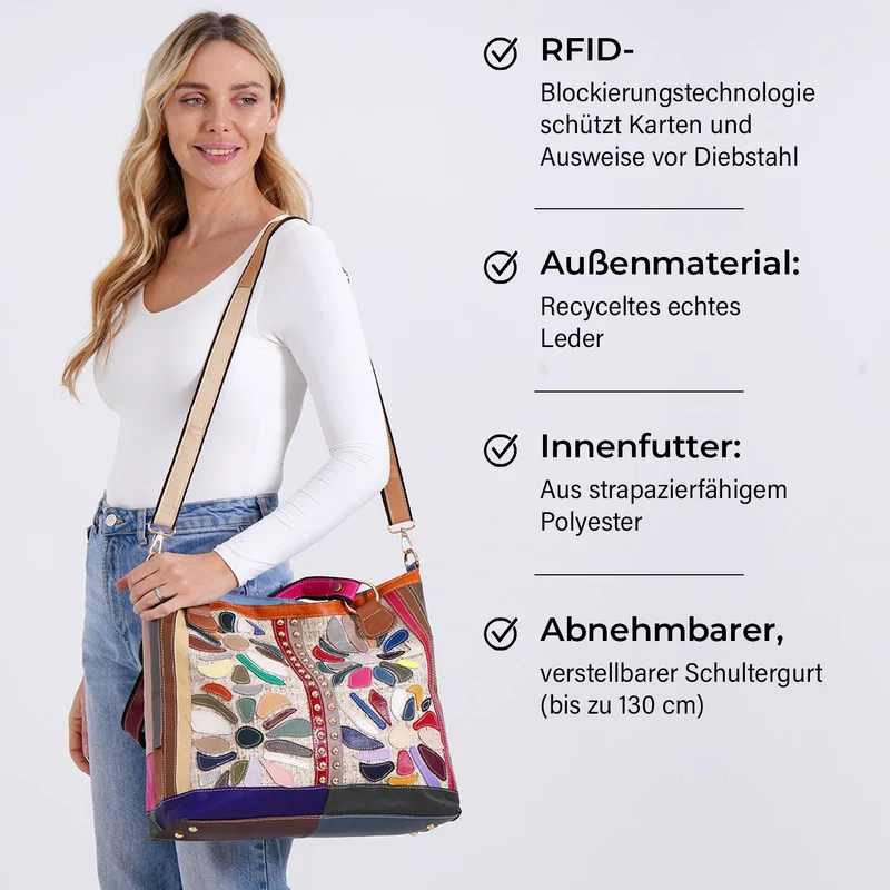 Chaos by Elsie - Umhängetasche aus Echtleder mit farbigem Blumenmuster und Mini-Taschenlampe, 40x14x35 cm, Weiß