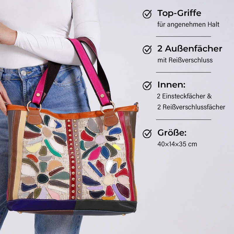 Chaos by Elsie - Umhängetasche aus Echtleder mit farbigem Blumenmuster und Mini-Taschenlampe, 40x14x35 cm, Weiß