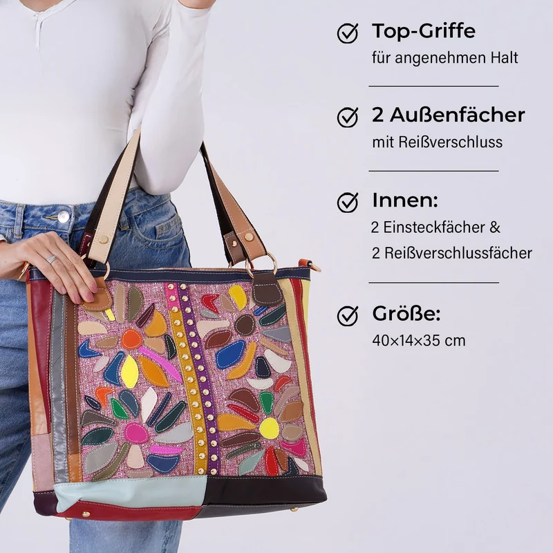Chaos by Elsie - Umhängetasche aus Echtleder mit farbigem Blumenmuster und Mini-Taschenlampe, 40x14x35 cm, Weiß