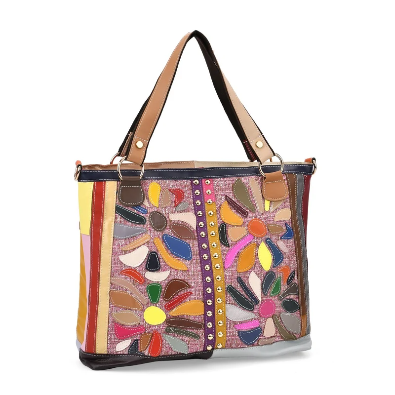 Chaos by Elsie - Umhängetasche aus Echtleder mit farbigem Blumenmuster und Mini-Taschenlampe, 40x14x35 cm, Weiß