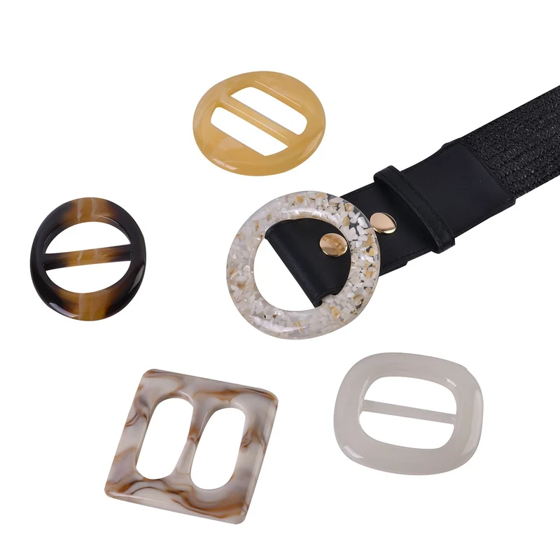 Elastischer Stroh-Gürtel mit 5 austauschbaren Schnallen, Beige