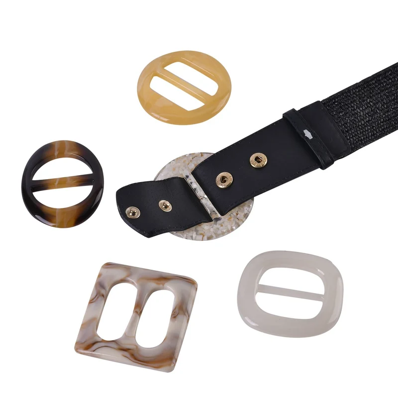 Elastischer Stroh-Gürtel mit 5 austauschbaren Schnallen, Beige