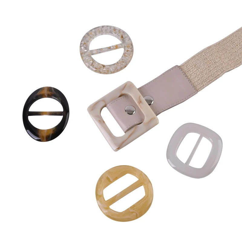 Elastischer Stroh-Gürtel mit 5 austauschbaren Schnallen, Beige