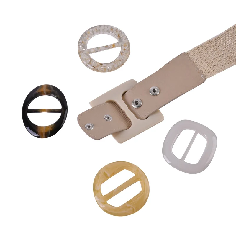 Elastischer Stroh-Gürtel mit 5 austauschbaren Schnallen, Beige