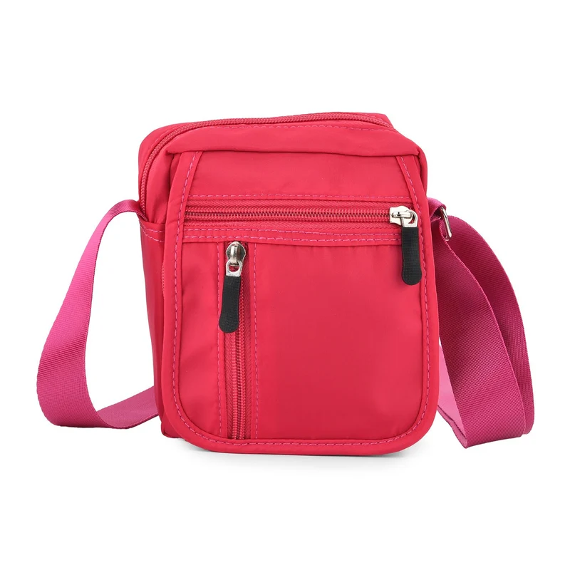 Umhängetasche mit mehreren Reißverschlussfächern und RFID-Schutz, Größe 12,5x6x16 cm, Rosenrot