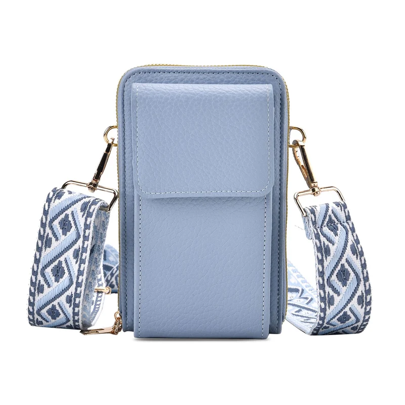 Crossbody-Handytasche mit RFID-Schutz, Kartenfächern und gemustertem Trageriemen, ca. 19x6x11 cm, Grün