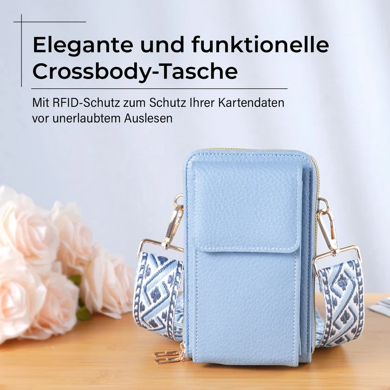 Crossbody-Handytasche mit RFID-Schutz, Kartenfächern und gemustertem Trageriemen, ca. 19x6x11 cm, Grün