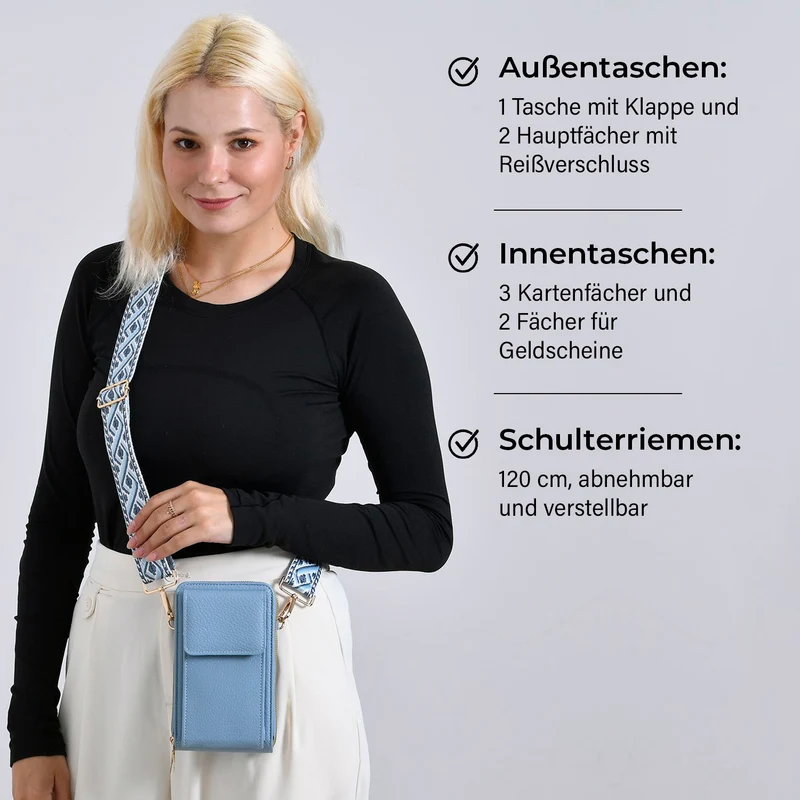 Crossbody-Handytasche mit RFID-Schutz, Kartenfächern und gemustertem Trageriemen, ca. 19x6x11 cm, Grün