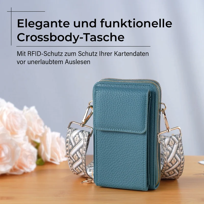 Crossbody-Handytasche mit RFID-Schutz, Kartenfächern und gemustertem Trageriemen, ca. 19x6x11 cm, Grün