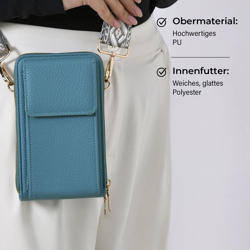 Crossbody-Handytasche mit RFID-Schutz, Kartenfächern und gemustertem Trageriemen, ca. 19x6x11 cm, Grün
