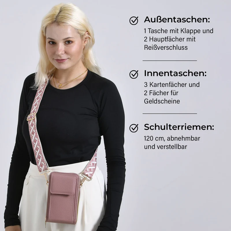 Crossbody-Handytasche mit RFID-Schutz, Kartenfächern und gemustertem Trageriemen, ca. 19x6x11 cm, Grün