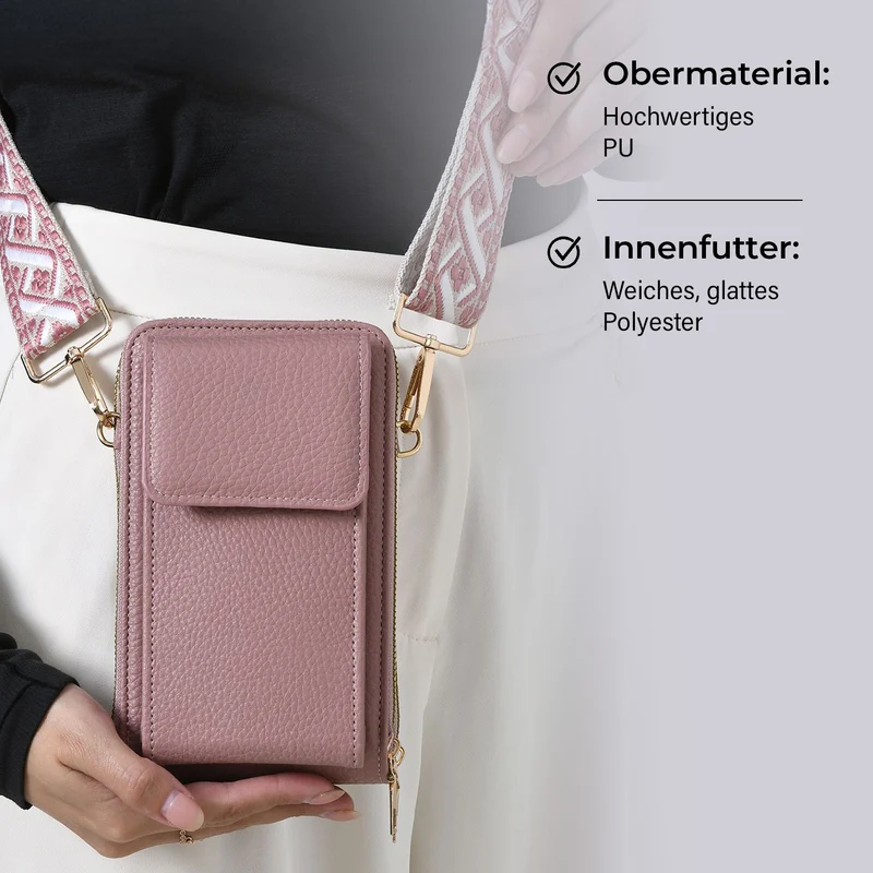 Crossbody-Handytasche mit RFID-Schutz, Kartenfächern und gemustertem Trageriemen, ca. 19x6x11 cm, Grün