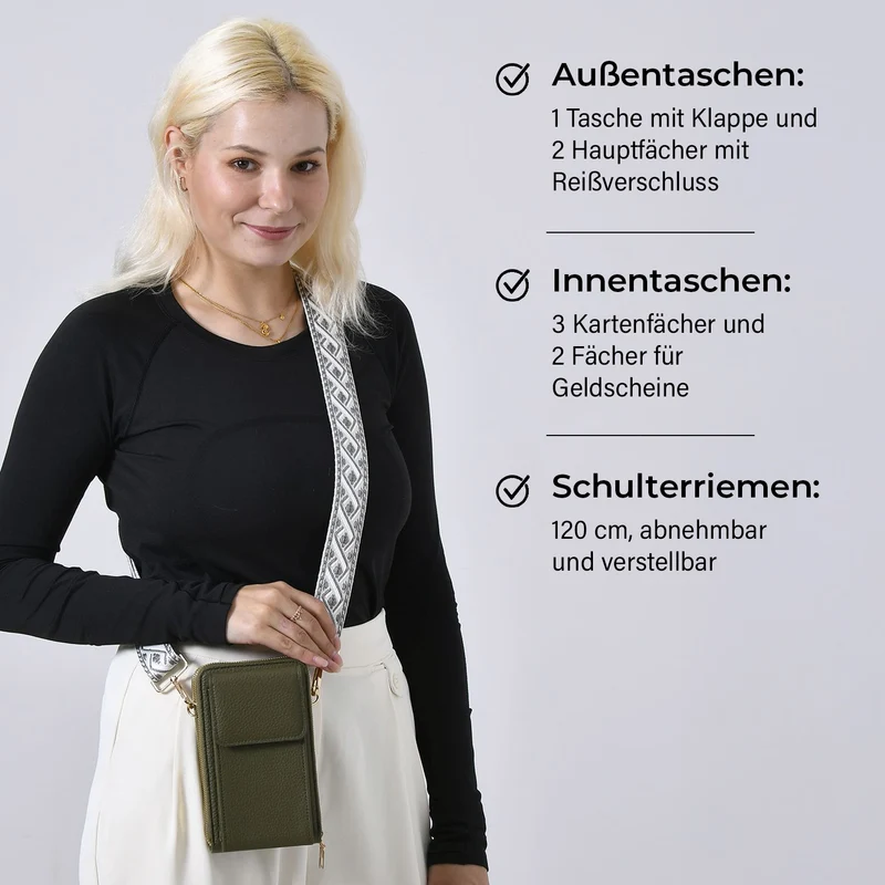 Crossbody-Handytasche mit RFID-Schutz, Kartenfächern und gemustertem Trageriemen, ca. 19x6x11 cm, Grün