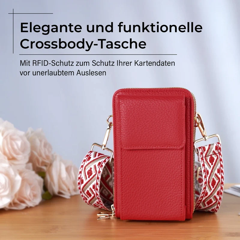 Crossbody-Handytasche mit RFID-Schutz, Kartenfächern und gemustertem Trageriemen, ca. 19x6x11 cm, Grün