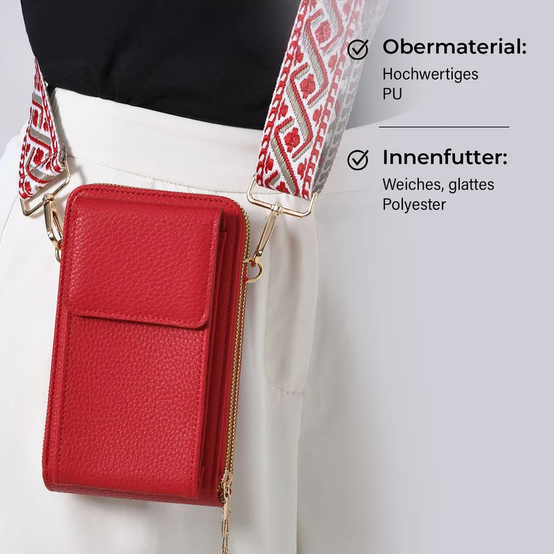 Crossbody-Handytasche mit RFID-Schutz, Kartenfächern und gemustertem Trageriemen, ca. 19x6x11 cm, Grün