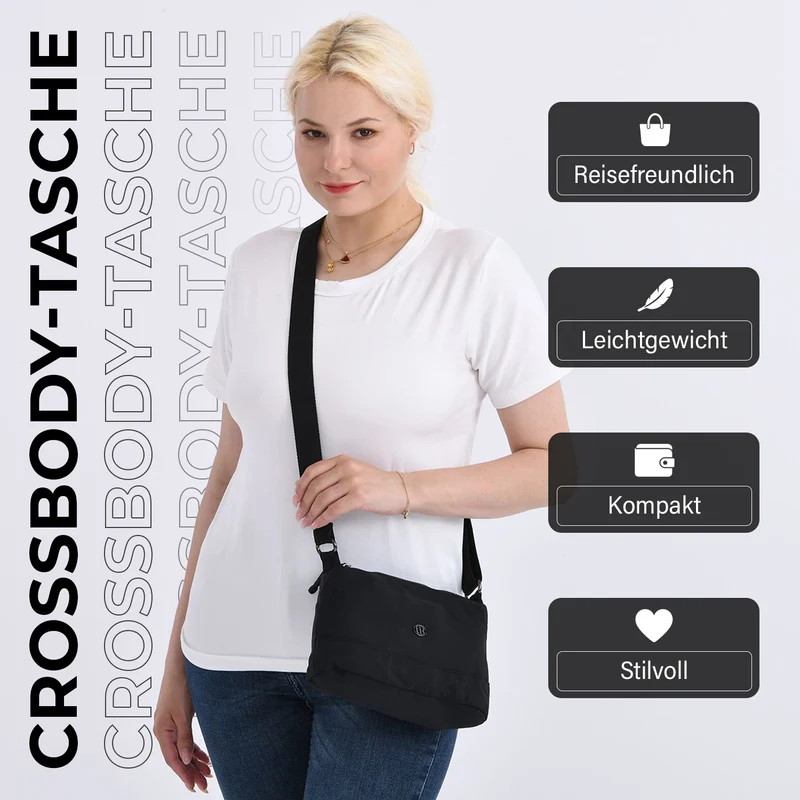 Crossbody-Tasche aus Nylon, mit mehreren Reißverschlussfächern und verstellbarem Schulterriemen, 24x15x9cm, Schwarz