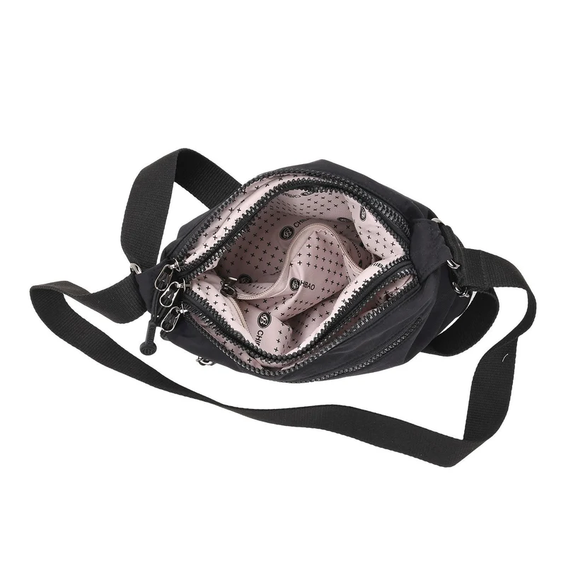 Crossbody-Tasche aus Nylon, mit mehreren Reißverschlussfächern und verstellbarem Schulterriemen, 24x15x9cm, Schwarz
