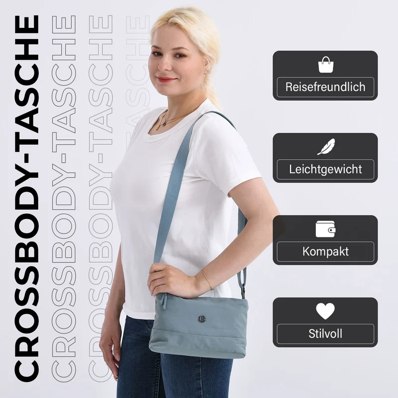 Crossbody-Tasche aus Nylon, mit mehreren Reißverschlussfächern und verstellbarem Schulterriemen, 24x15x9cm, Schwarz