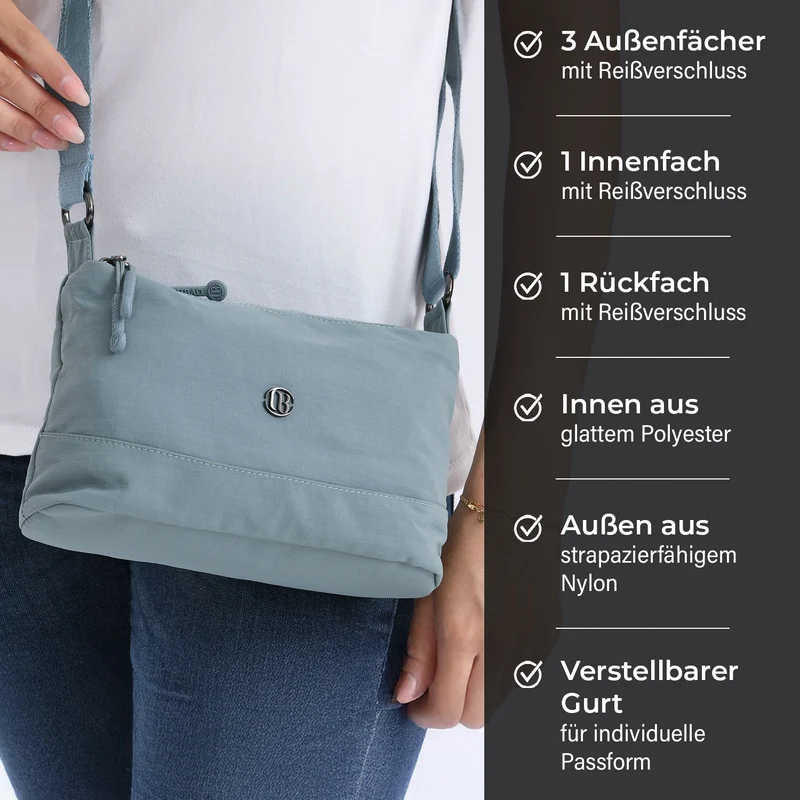 Crossbody-Tasche aus Nylon, mit mehreren Reißverschlussfächern und verstellbarem Schulterriemen, 24x15x9cm, Schwarz