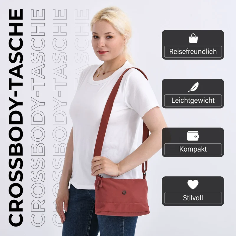 Crossbody-Tasche aus Nylon, mit mehreren Reißverschlussfächern und verstellbarem Schulterriemen, 24x15x9cm, Schwarz