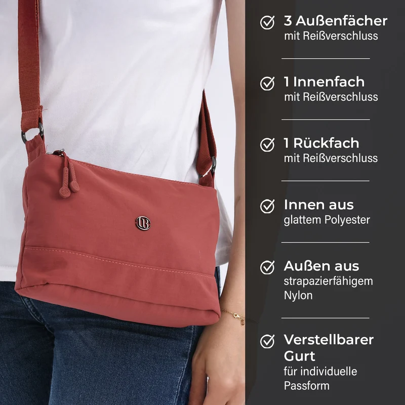 Crossbody-Tasche aus Nylon, mit mehreren Reißverschlussfächern und verstellbarem Schulterriemen, 24x15x9cm, Schwarz