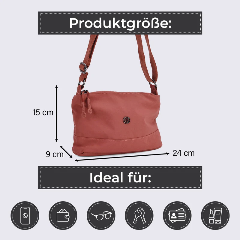 Crossbody-Tasche aus Nylon, mit mehreren Reißverschlussfächern und verstellbarem Schulterriemen, 24x15x9cm, Schwarz