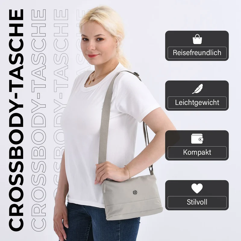 Crossbody-Tasche aus Nylon, mit mehreren Reißverschlussfächern und verstellbarem Schulterriemen, 24x15x9cm, Schwarz