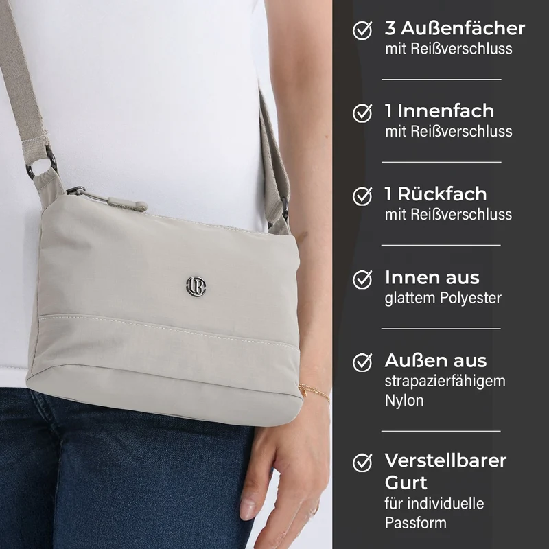 Crossbody-Tasche aus Nylon, mit mehreren Reißverschlussfächern und verstellbarem Schulterriemen, 24x15x9cm, Schwarz