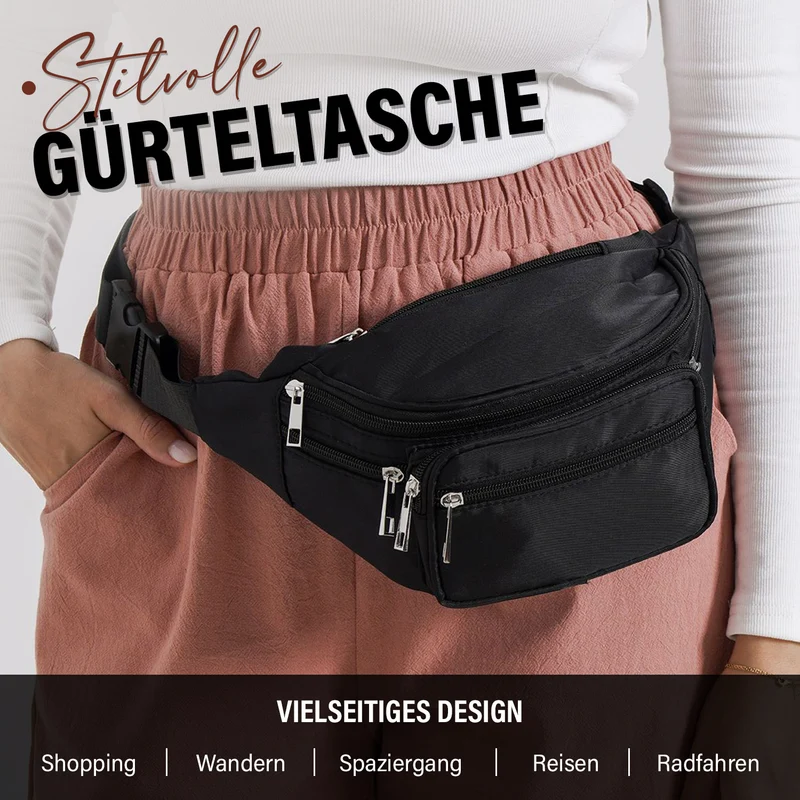 Gürteltasche mit RFID-Schutz, Nylon, 6 Reißverschlussfächer, Schnellverschluss, verstellbarer Schultergurt, Größe 37x10x13,5?cm, marineblau